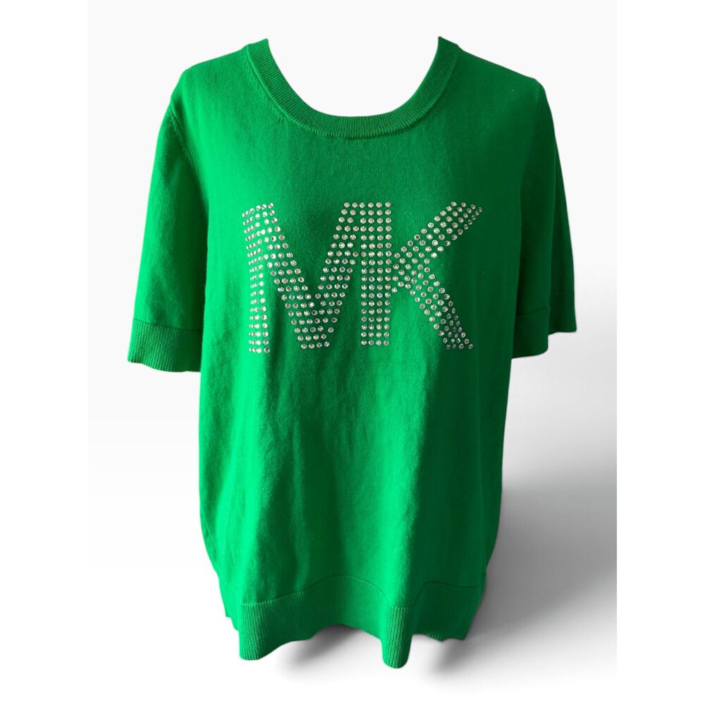 Michael Kors short-sleeve knit sweater in green featuring a rhinestone MK